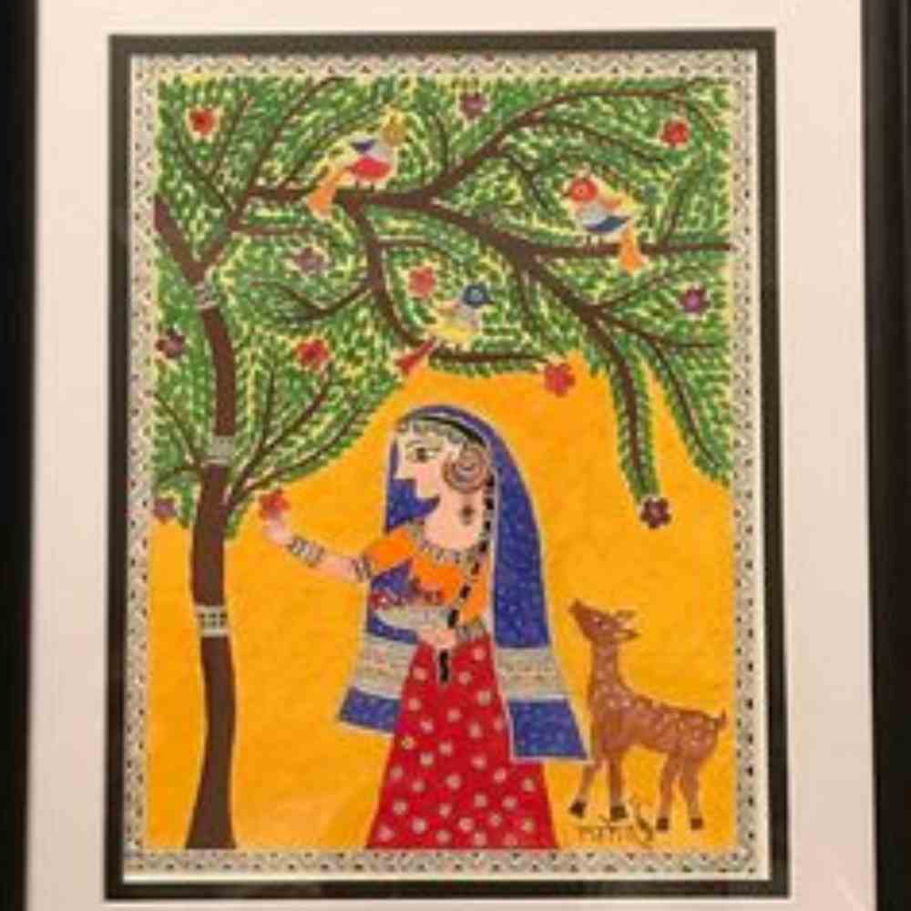 Serenity's Embrace: Woman with Deer Madhubani Painting